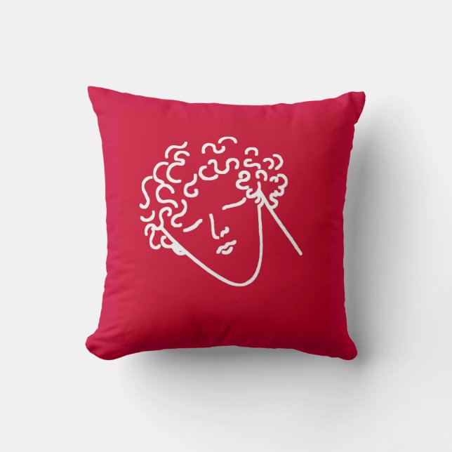 man with curly hair red cushion (Front)