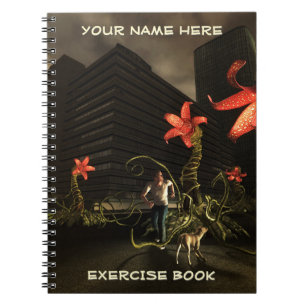 Man with dog, cityscape. Customisable text Notebook
