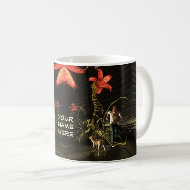 Man with dog escaping from city coffee mug (Front Right)