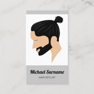 Man With Man Bun & Beard Illustration Hair Stylist Business Card