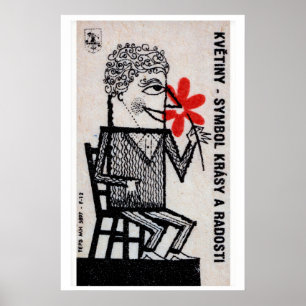 Man with Red Flowers Matchbox Art Print, Czech Poster