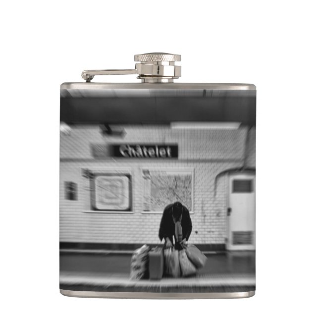 Man with shopping bags in subway (Chatelet) Hip Flask (Front)