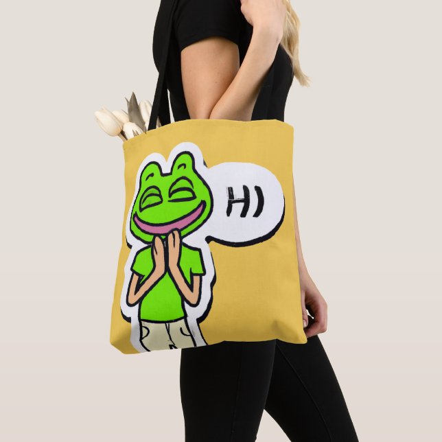 Man with Smiling Frog Head on Yellow AI Art Tote Bag (Close Up)