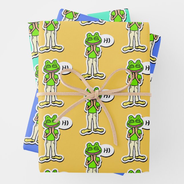 Man with Smiling Frog Head on Yellow AI Art Wrapping Paper Sheet (In situ)