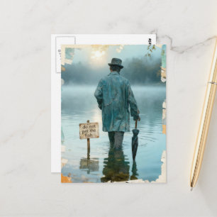 Man With Umbrella Do Not Pet the Fish Surreal Postcard