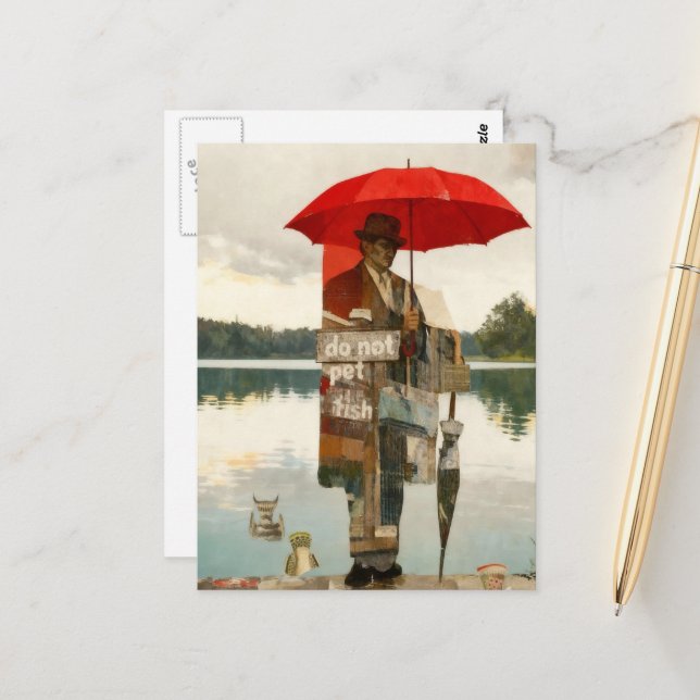 Man With Umbrellas Do Not Pet the Fish Surreal Postcard (Front/Back In Situ)