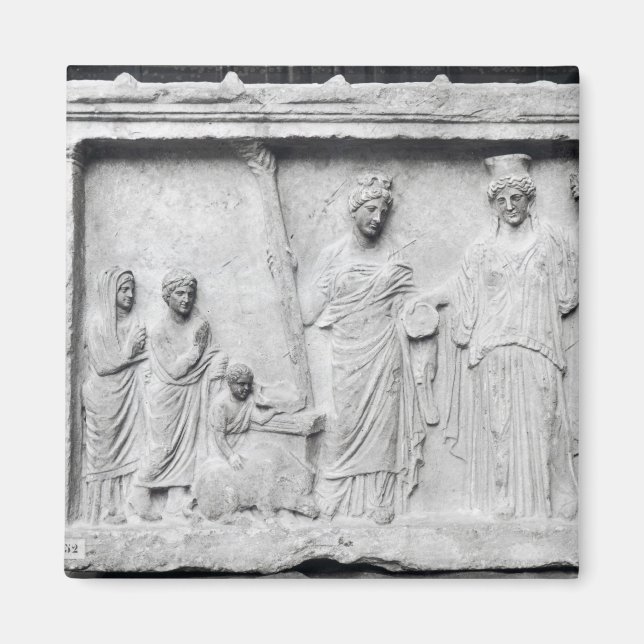 Man, woman and child before an altar magnet (Front)