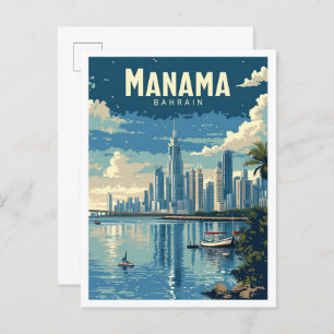 Manama Bahrain Vintage Art Travel Illustration Postcard