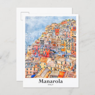 Manarola Italy Travel Watercolor Hand Drawn Postcard