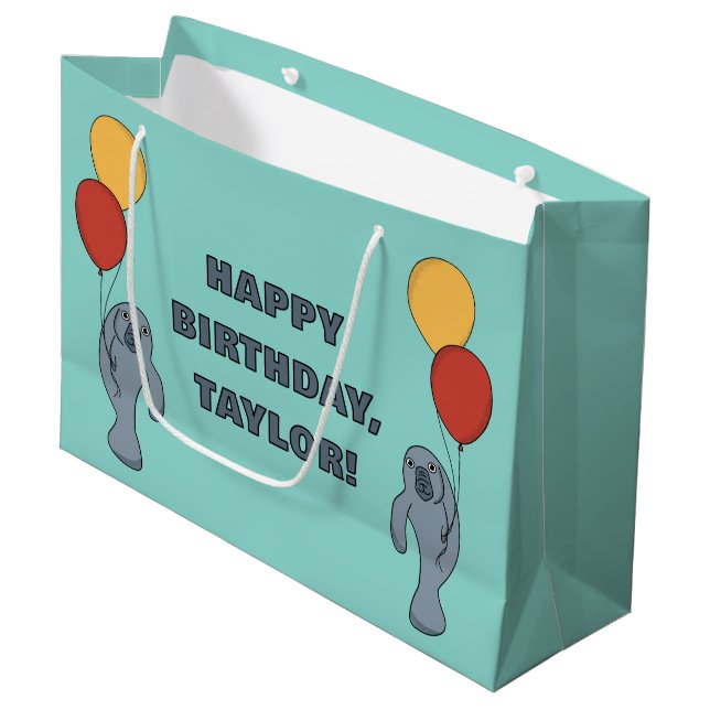 Manatee and Balloons Custom Birthday Party Large Gift Bag (Front Angled)