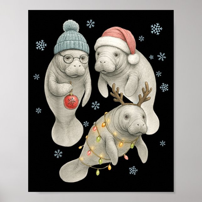 Manatee Christmas Manatee Santa Reindeer Lights Wo Poster (Front)