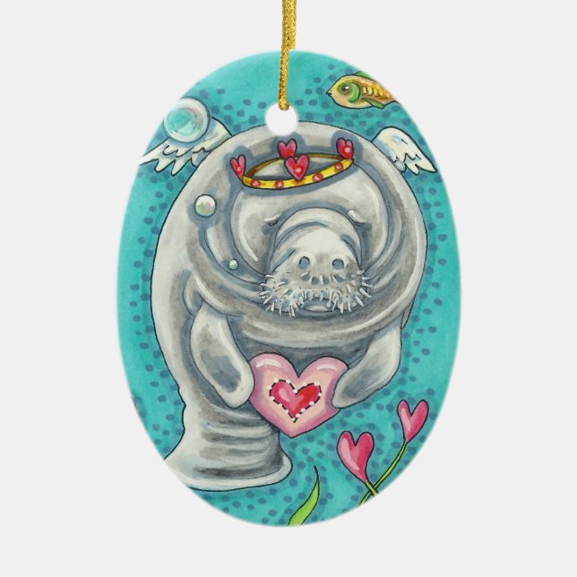 MANATEE CUPID, BUBBLES & HEARTS COLORFUL VALENTINE CERAMIC ORNAMENT (Front)