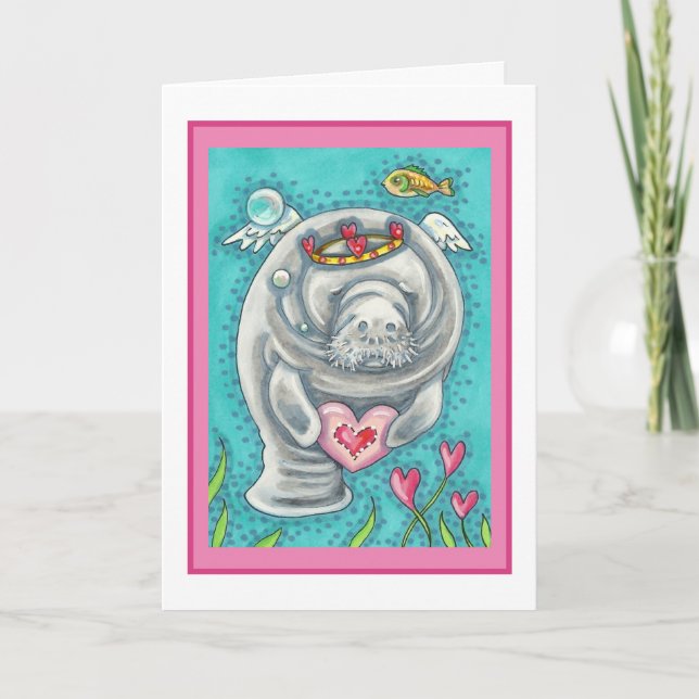 MANATEE CUPID, BUBBLES & HEARTS COLORFUL VALENTINE HOLIDAY CARD (Front)