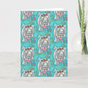 MANATEE CUPID, BUBBLES & HEARTS COLORFUL VALENTINE HOLIDAY CARD