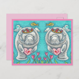 MANATEE CUPID, BUBBLES & HEARTS COLORFUL VALENTINE HOLIDAY POSTCARD