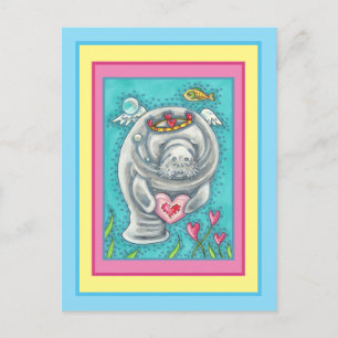 MANATEE CUPID, BUBBLES & HEARTS COLORFUL VALENTINE HOLIDAY POSTCARD