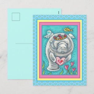 MANATEE CUPID, BUBBLES & HEARTS COLORFUL VALENTINE HOLIDAY POSTCARD