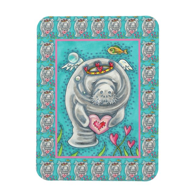 MANATEE CUPID, BUBBLES & HEARTS COLORFUL VALENTINE MAGNET (Vertical)
