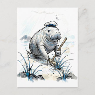 Manatee Gardening Coastal Meadow in Gentle Ink Ill Postcard