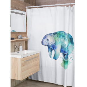 Manatee in blue and green watercolor shower curtain