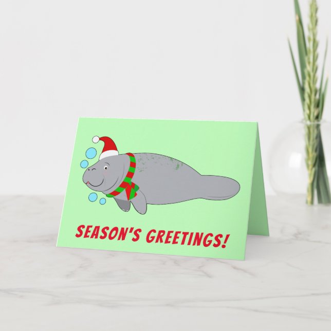Manatee in Santa Hat and Scarf Season's Greetings Holiday Card (Front)