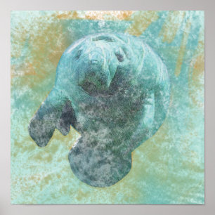 Manatee In Water Coastal Artwork Poster