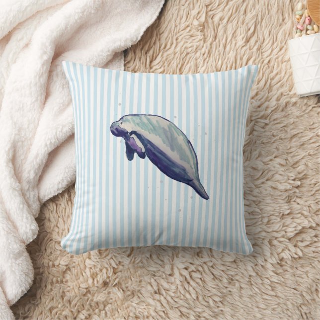 Manatee Painting Coastal Blue Stripe Cushion (Blanket)