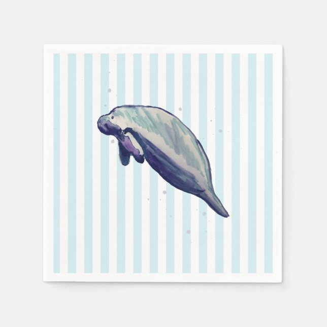 Manatee Painting Splashing Blue Stripe Napkin (Front)