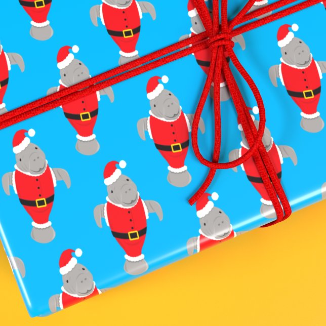 Manatee Santa Outfit Animal Novelty Christmas Wrapping Paper (Get this fun Manatee Santa wrapping paper for your Christmas holiday!)