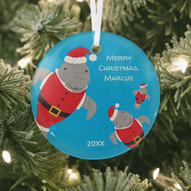 Manatee Santa Outfits Name Christmas Glass Tree Decoration (Insitu)