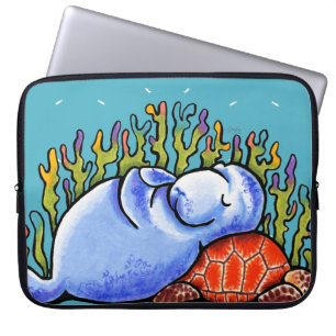 Manatee Sea Turtle Under Ocean Scene Blue Laptop Sleeve