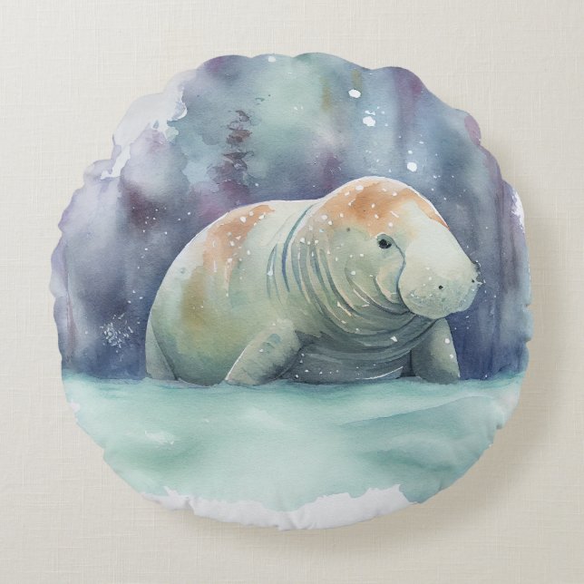 manatee, snow, watercolor round cushion (Front)