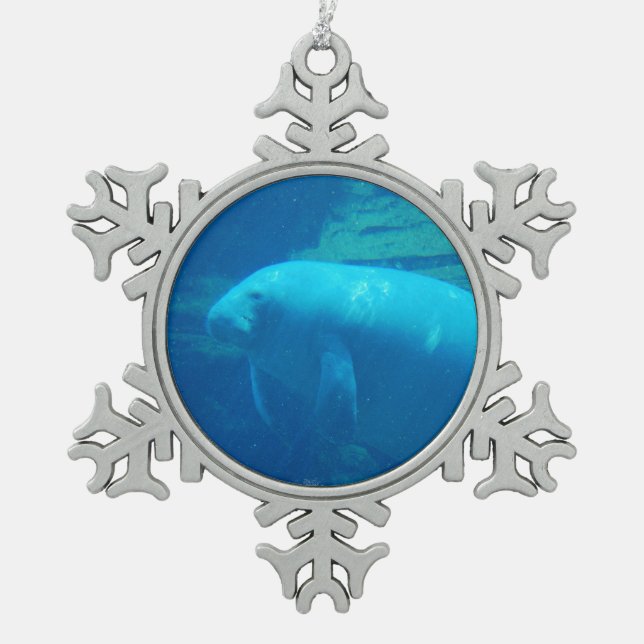Manatee Snowflake Pewter Christmas Ornament (Front)