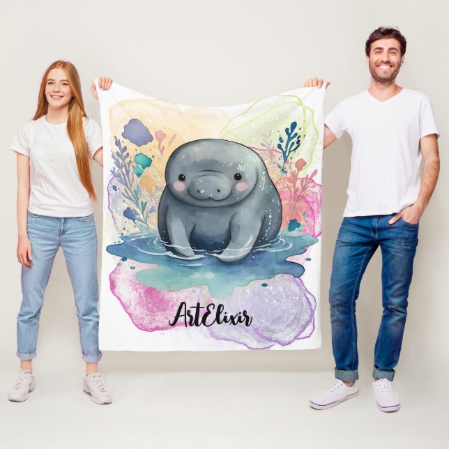 Manatee Watercolor Print  Fleece Blanket (In Situ)