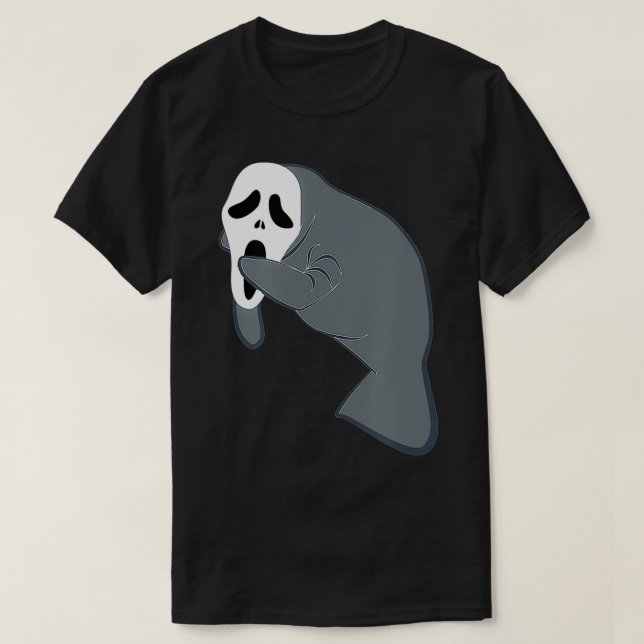 Manatee Wearing Scary Halloween Mask Funny Sea Cow T-Shirt (Design Front)