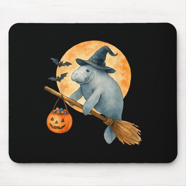 Manatee Witch Hat Pumpkin Halloween Costume Men Wo Mouse Pad (Front)