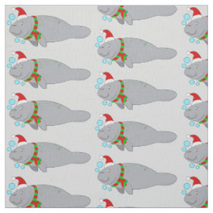 Manatee with Santa Hat and Scarf Fabric