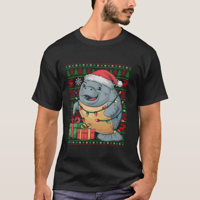 Manatee Xmas Lights Ugly Santa Hat Manatee Christm T-Shirt (Front)