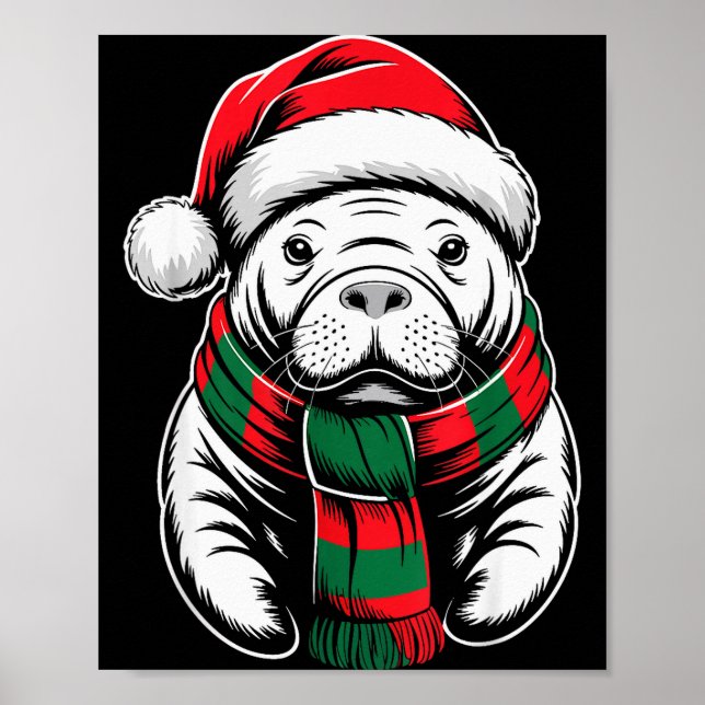 Manatee Xmas Santa Hat F Christmas Costume  Poster (Front)