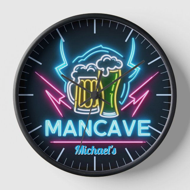 Mancave Bar Clock Neon Beer Custom Name Dads (Front)