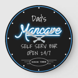Mancave Neon Blue Script Dad's Any Name Bar Retro Large Clock