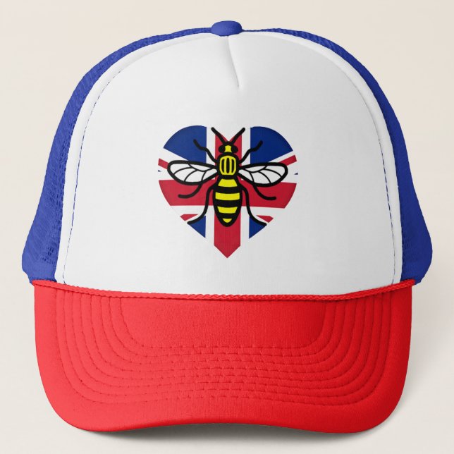 Manchester Bee and Union Jack Heart Solidarity Trucker Hat (Front)