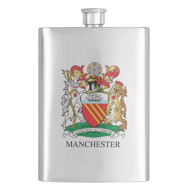 Manchester coat of arms hip flask (Front)