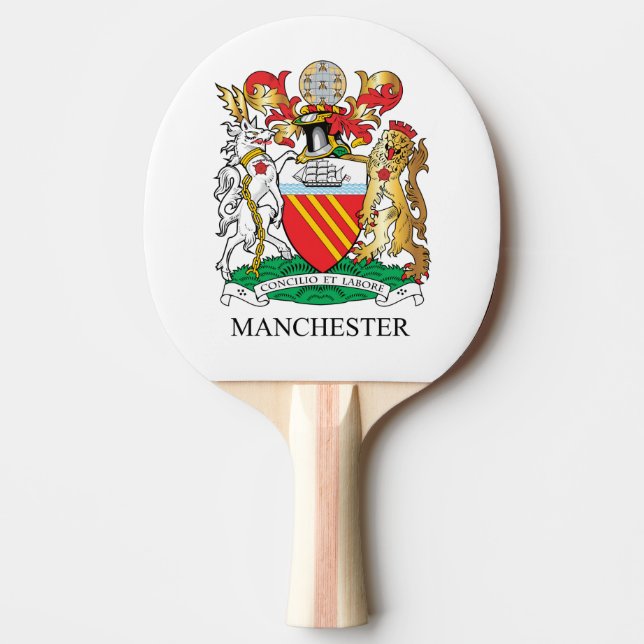 Manchester coat of arms ping pong paddle (Front)