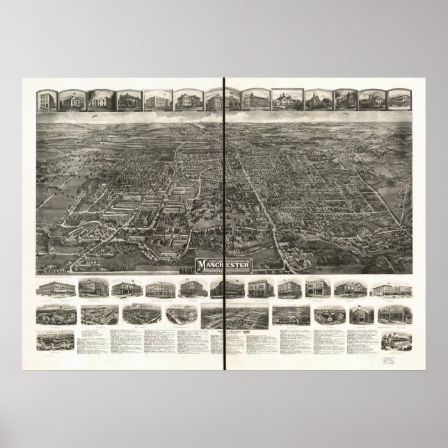 Manchester Connecticut 1914 Panoramic Map Poster (Front)