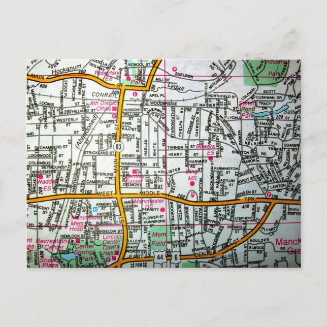MANCHESTER, CT Vintage Map Postcard (Front)