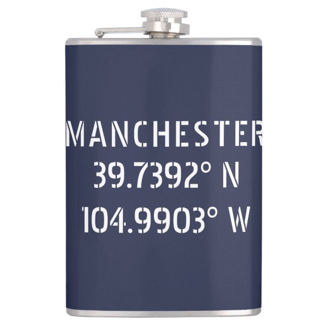 Manchester Latitude Longitude Hip Flask (Front)