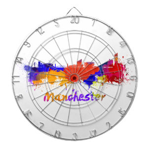 Manchester skyline in watercolor dartboard