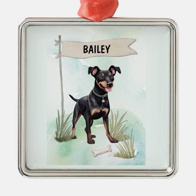 Manchester Terrier Watercolor Personalised Dog Metal Ornament (Front)