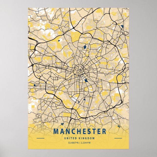 Manchester - United Kingdom Yellow City Map Poster (Front)